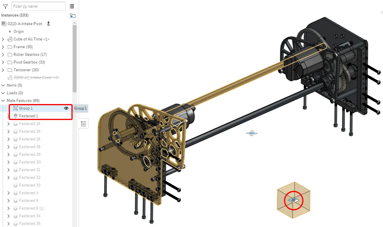 Montagem dos Componentes Estáticos: 0210-A-Intake Base. As peças são unidas por Group Mate e o Origin Cube é fixado à origem.