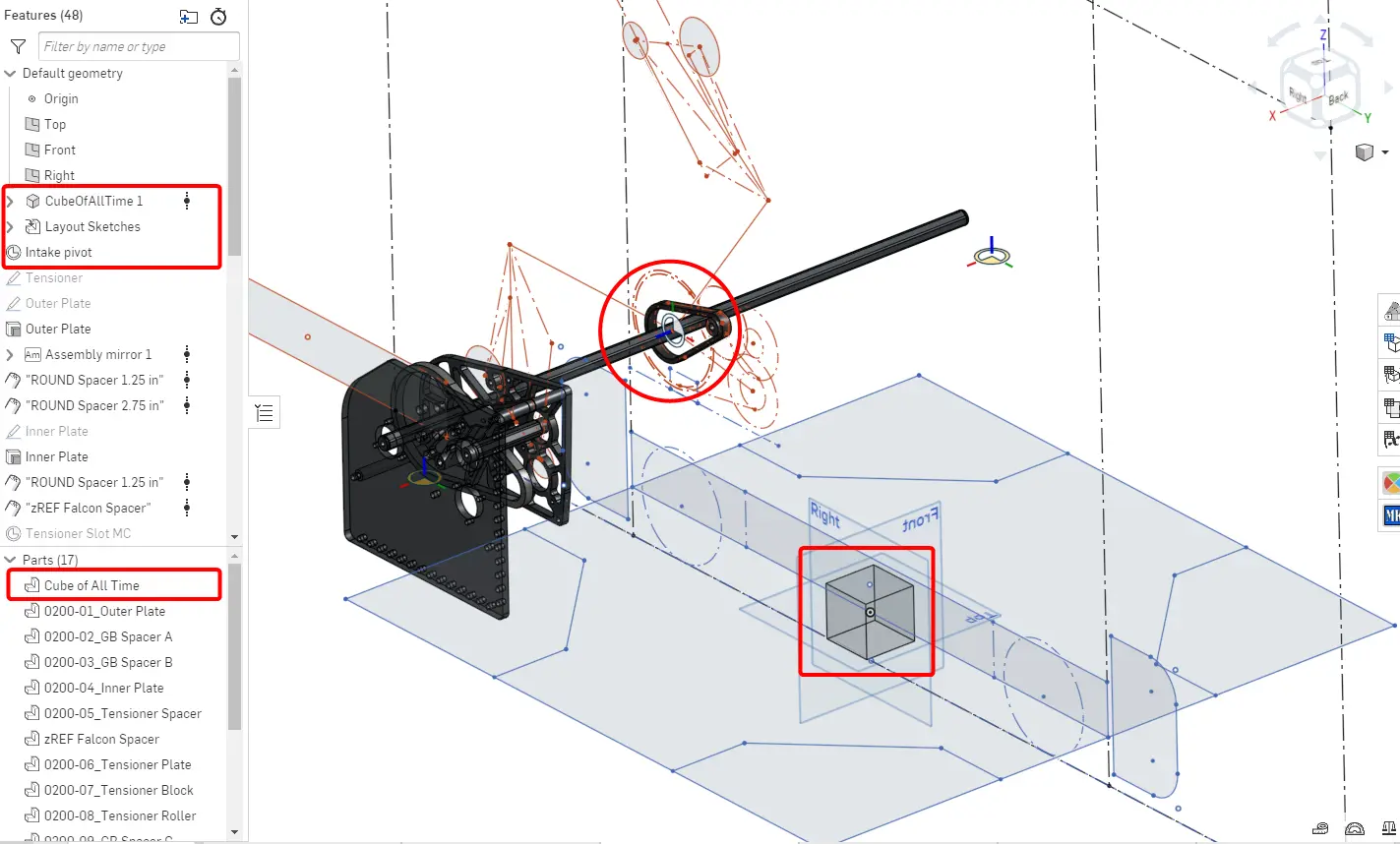 Part Studio Estático: 0210-A-Intake Base. Observe o Mate Connector do pivô derivado do layout sketch laranja.