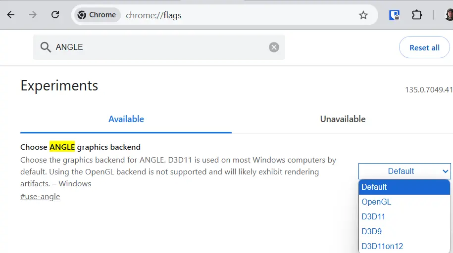 Seleção de backend gráfico ANGLE