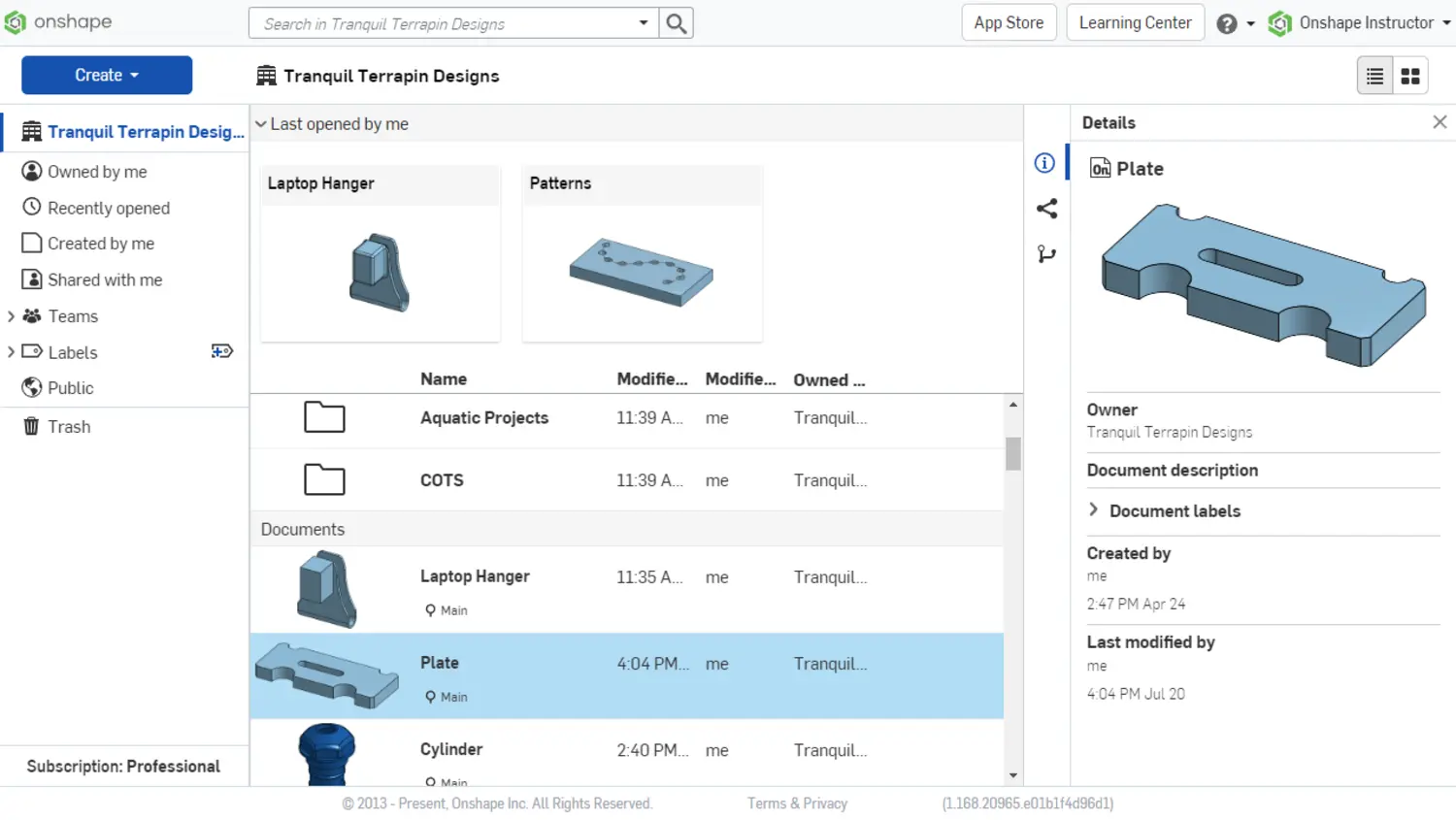 Página de documentos do Onshape
