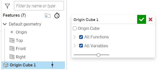 Opções da feature Origin Cube