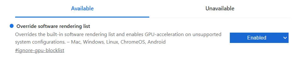 Ativação de substituição da lista de renderização por software