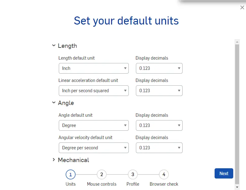 Configuração de unidades no Onshape